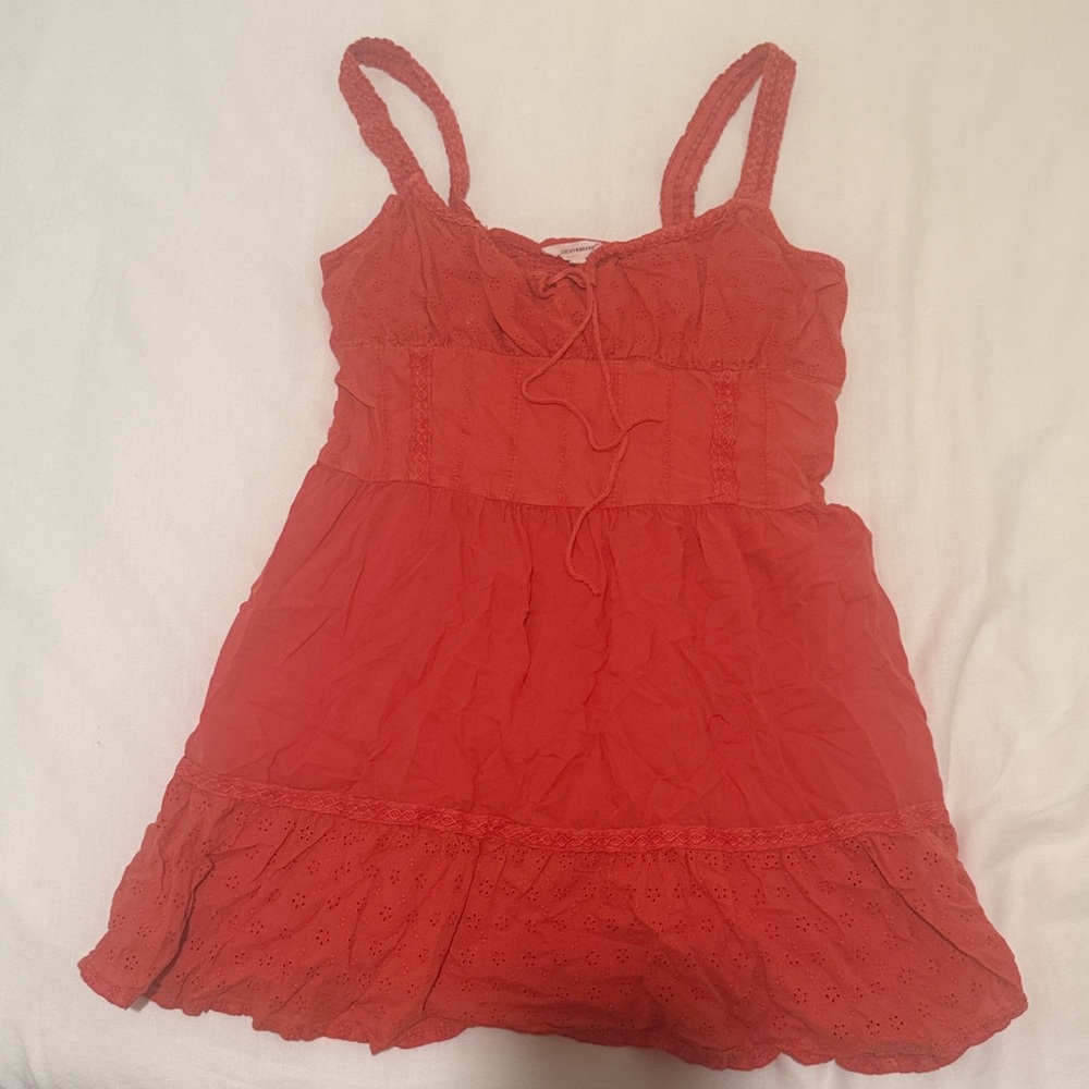 Lucky Brand Coral-Red Eyelet Tie-Front Mini Sundress